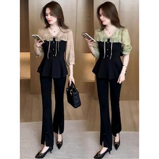 MONLOUVE时尚洋气套装女2025春秋新款国风遮肚子显瘦衬衫微喇裤气