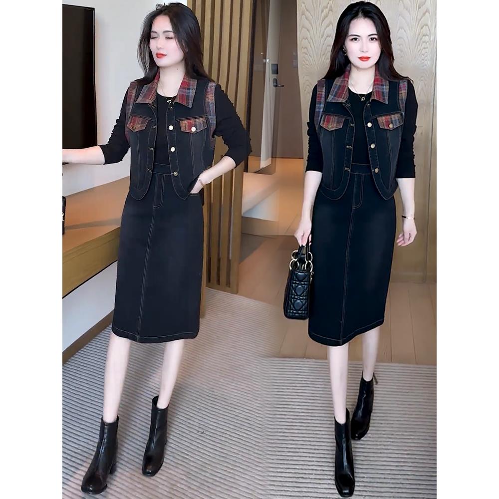 MONLOUVE时尚洋气牛仔套装裙女2025秋季新款格子拼接马甲连衣裙显