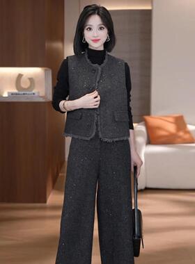 MONLOUVE小香风套装女2025秋季新款装时尚洋气亮片马甲打底衫阔腿