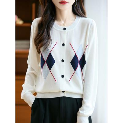 MONLOUVE法式撞色圆领针织开衫女菱形格宽松毛衣外套减龄miu系外