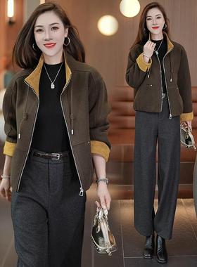 MONLOUVE韩系拼接撞色呢料立领短外套女2025秋冬新款宽松显瘦时尚