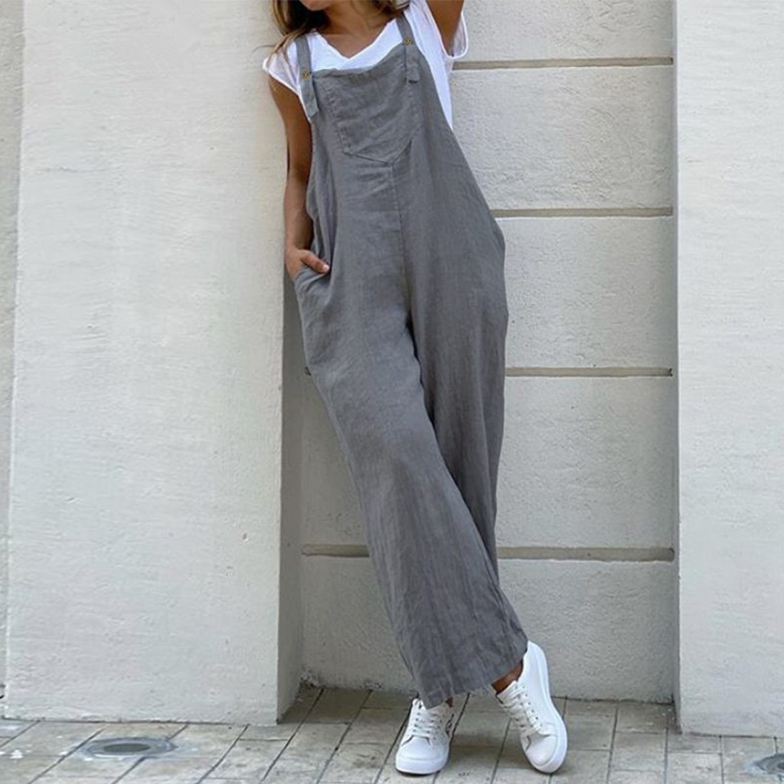 Long pocket wide-leg pants combination