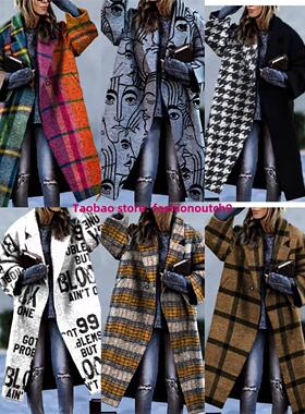 2023 color blocking plaid printed woolen coat 印花呢子大衣