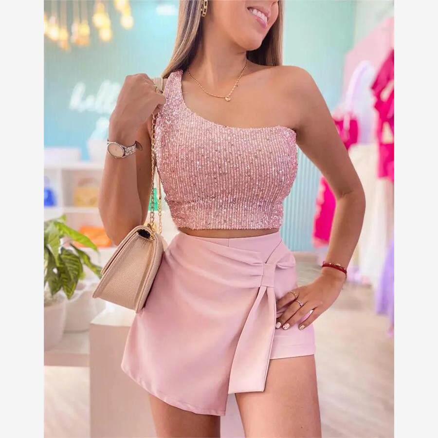 单肩珠片上衣扭结裤裙套