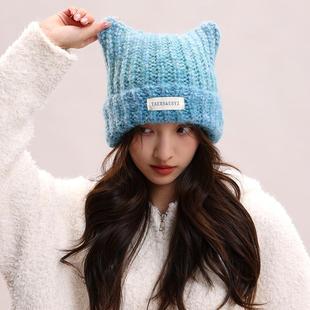 日系可爱猫耳朵毛线帽子亚比风女秋冬天保暖护耳帽针织帽套头冷帽