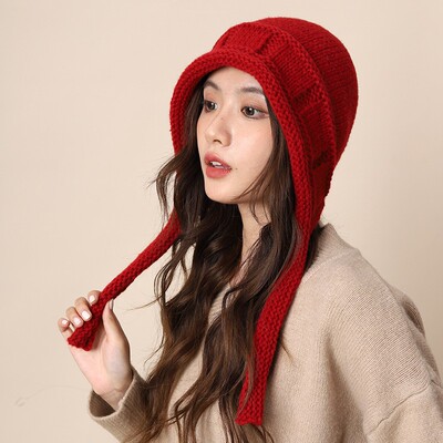 川西旅游超好看红色帽子绑带针织保暖包头帽女款秋冬出游毛线护耳