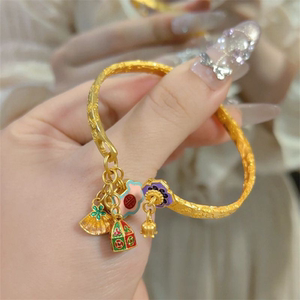 金色古法吉言手镯高温烧蓝珐琅新中式国风气质开口手环女友礼物