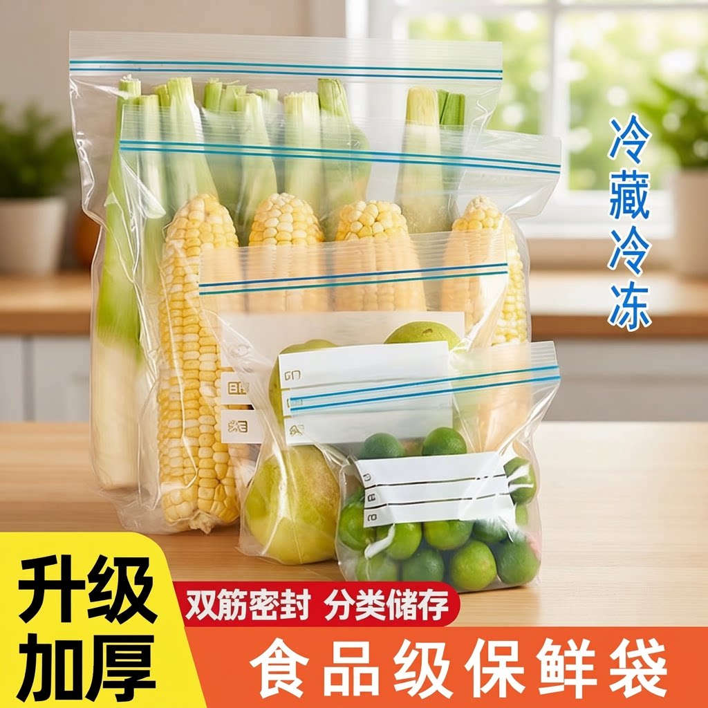 加厚封口保鲜袋密封袋食品级冰箱家用冷冻专用塑料袋带食物收纳