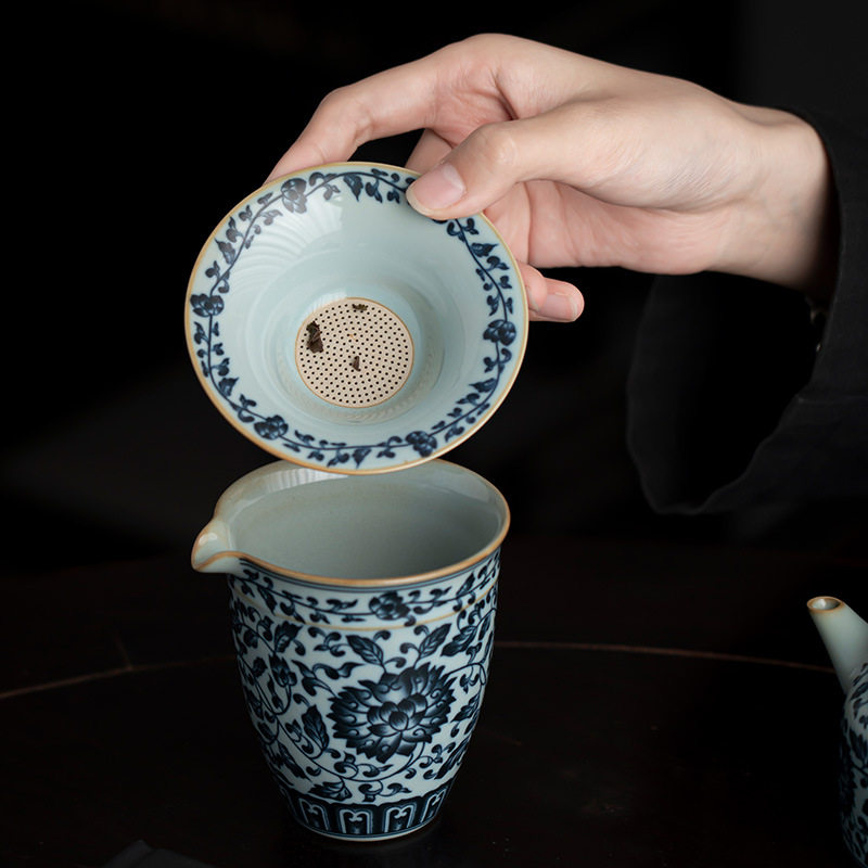 汝窑青花缠枝莲茶漏天青色滤茶器茶叶过滤陶瓷茶隔离茶滤茶具配件