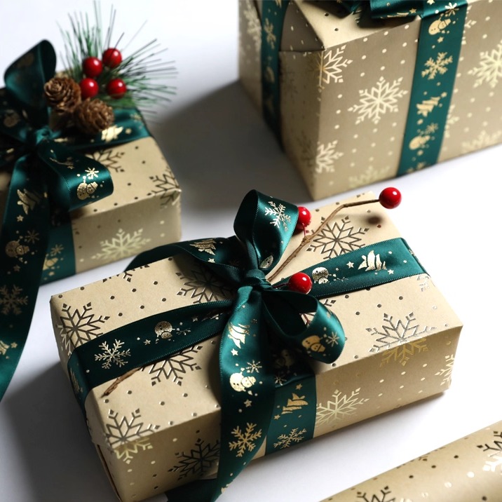 圣诞节牛皮纸烫金礼物包装纸大尺寸礼盒打包礼品ins风高档包书皮圣诞树麋鹿雪花平安夜包鞋盒玩具手工纸包邮