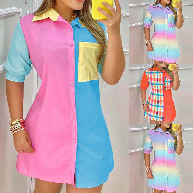 Dress Women casual shirt skirts 拼色印花休闲宽松衬衫裙连衣裙