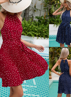 summer women dresses casual ladies skirt点挂脖吊带百褶连衣裙