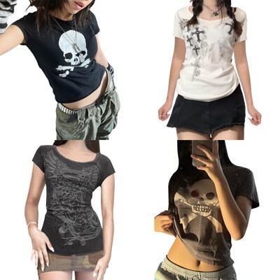 women girls crop top t shirt top 23 gothic print streetwear