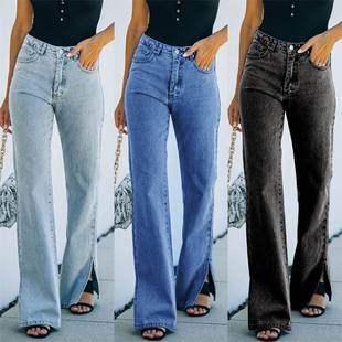 women Jeans 2022 Fashion side split leisure trousers长牛仔裤