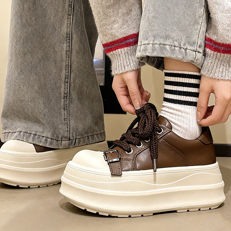 小个子增高小白鞋百搭系带运动鞋女2025新款秋6CM厚底大头松糕鞋