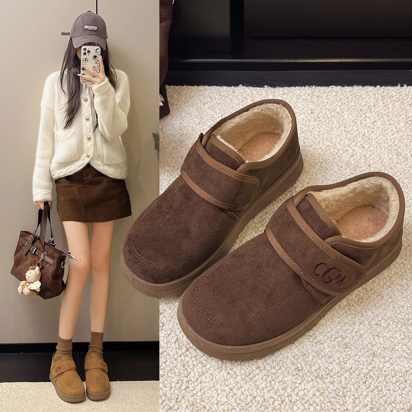 加厚勃肯鞋女棉鞋新款冬季毛毛鞋一脚蹬复古乐福鞋防滑软底休闲鞋