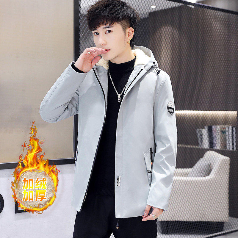 男士外套秋冬加绒加厚新款修身连帽风衣青少年休闲夹克男潮流上衣