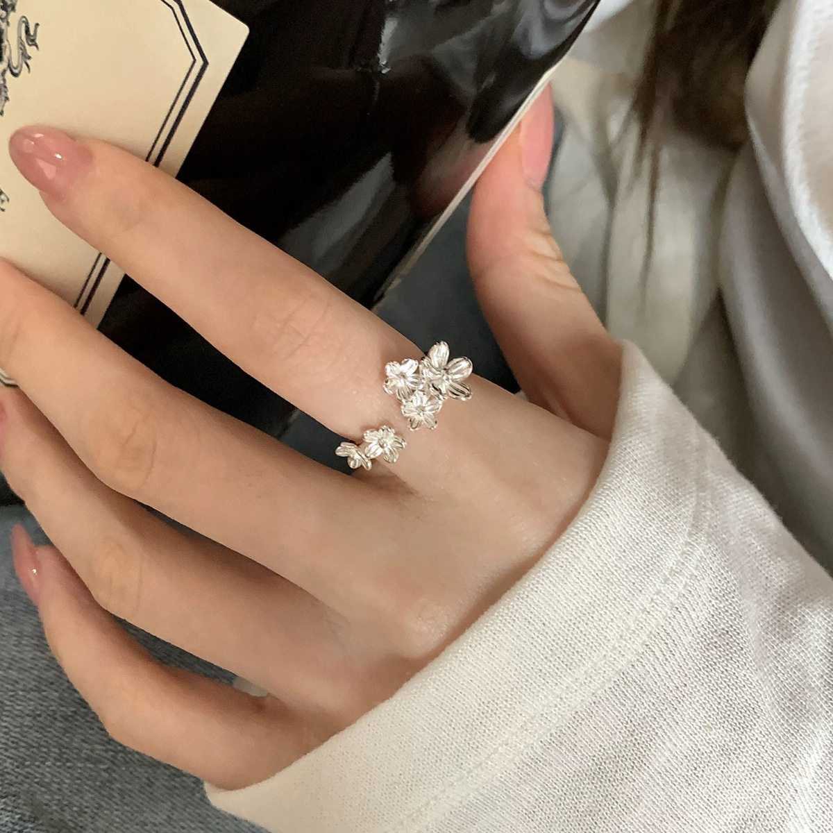 S999足银纯银戒指小众设计感复古小花戒指古风国风简约开口指环