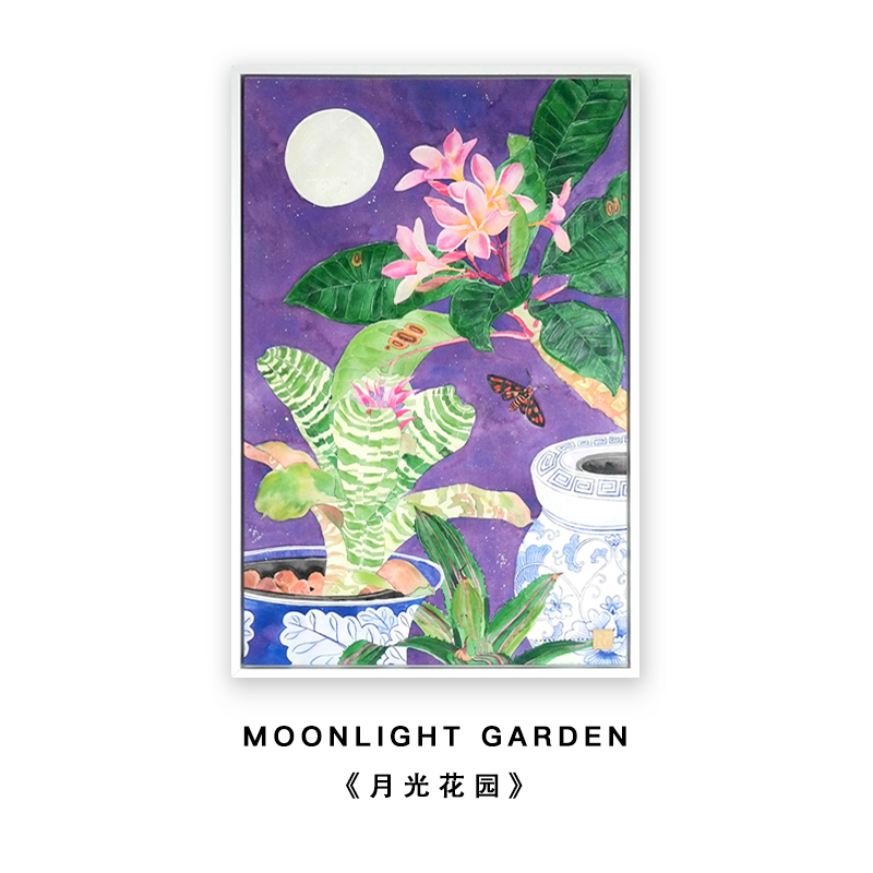 Ru禄秘手绘植物花卉装饰画青花瓷入户玄关紫色挂画新中式月亮墙画图片