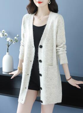 MONLOUVE秋季新款红色V领针织开衫女中长款宽松大码毛衣外套气质