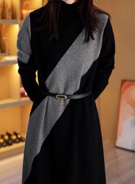 MONLOUVE高级感撞色加厚连衣裙女士秋冬新款时尚宽松显瘦中长款毛