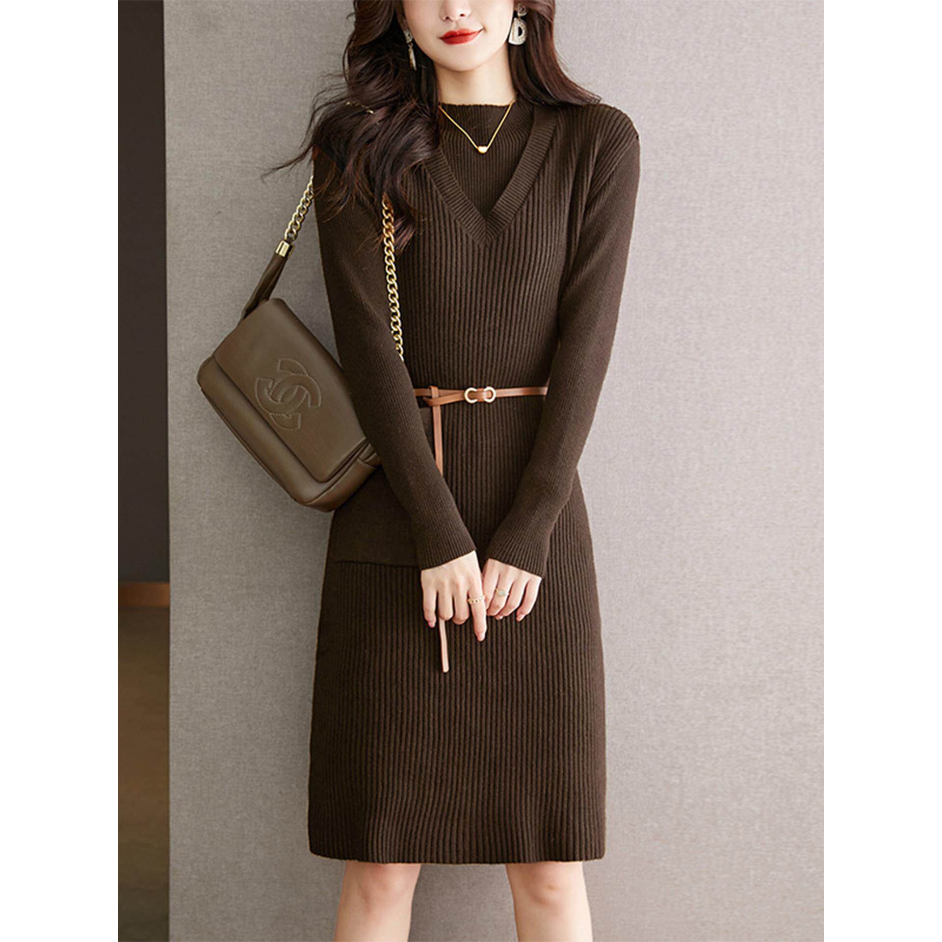 MONLOUVE法式优雅针织衫毛衣两件套裙秋冬新款系带收腰背心中长款