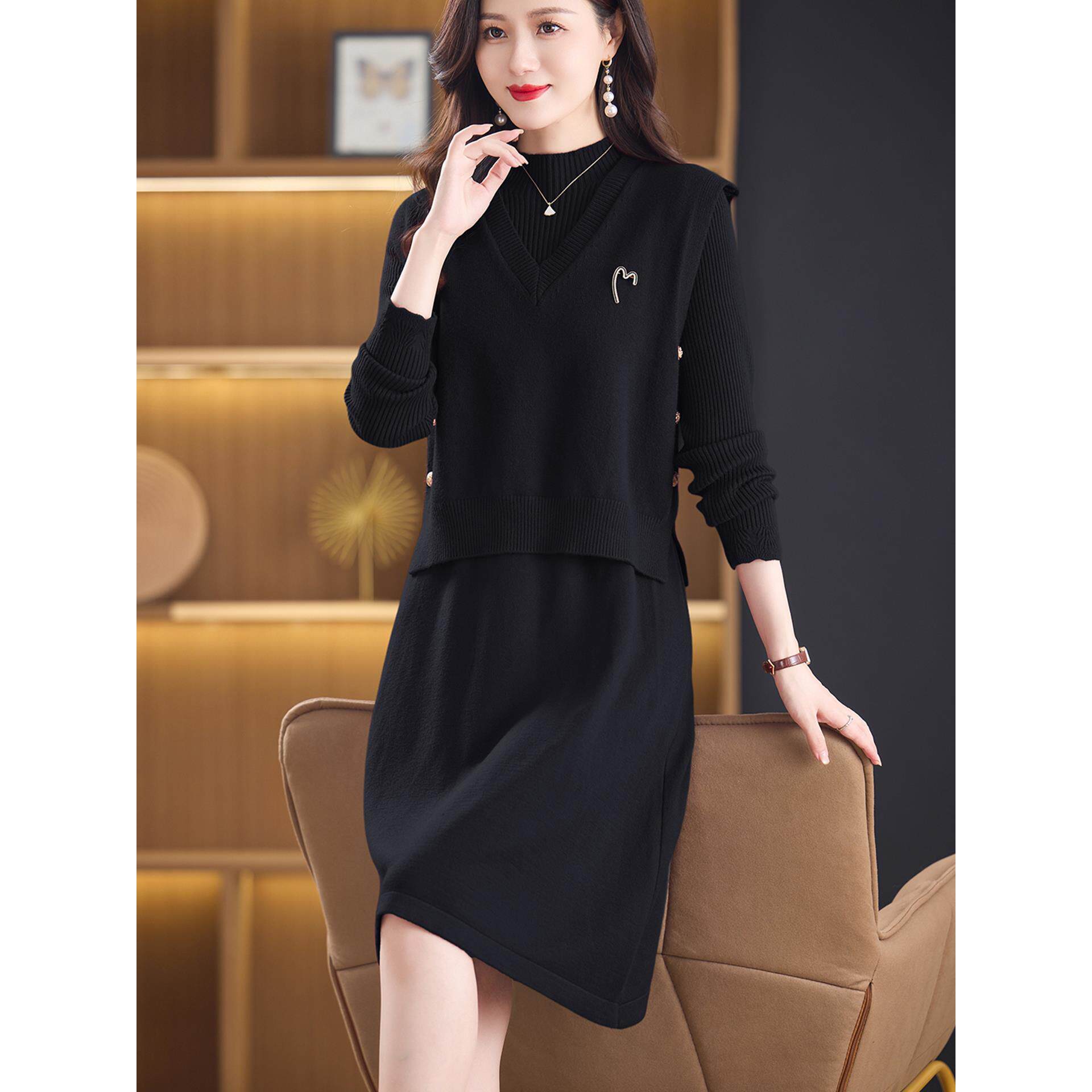 MONLOUVE两件套针织连衣裙女中长款秋冬小个子中年妈妈高级感毛衣