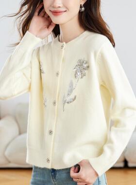 MONLOUVE亮片绣花红色针织开衫女2025秋季新款韩版独特超好看外搭