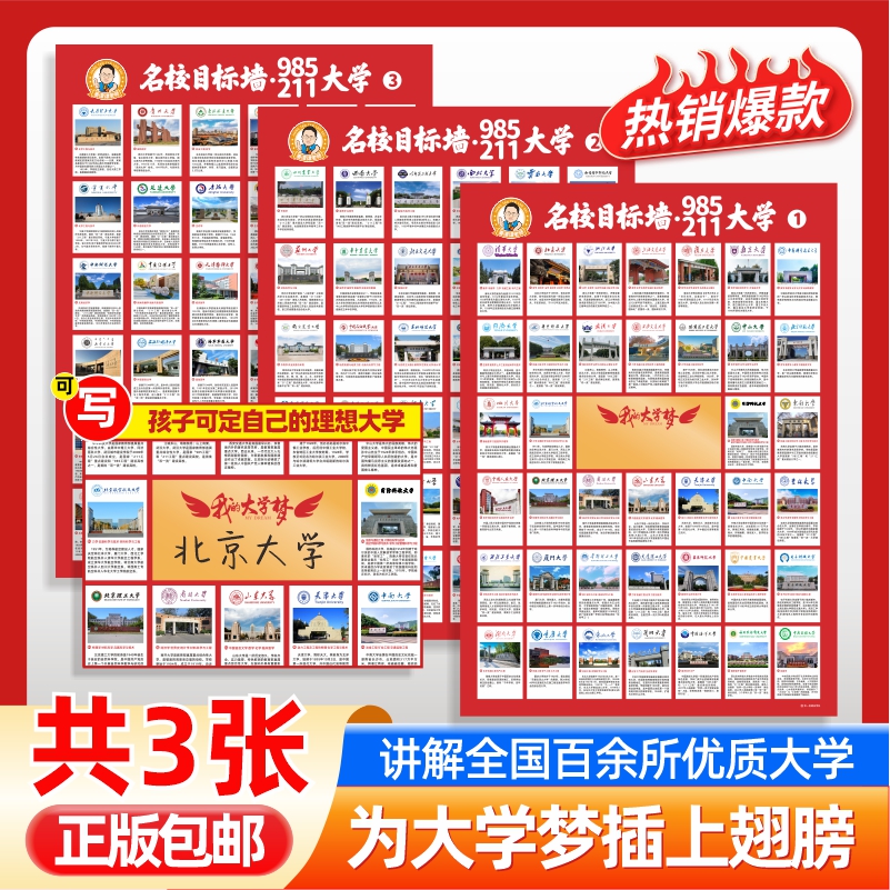 抖音爆款名校目标墙贴985/211全套3张大学介绍墙全国百所优质高考高中教室挂图名牌激励榜讲解墙纸成为学霸从大学选起学霸大学城