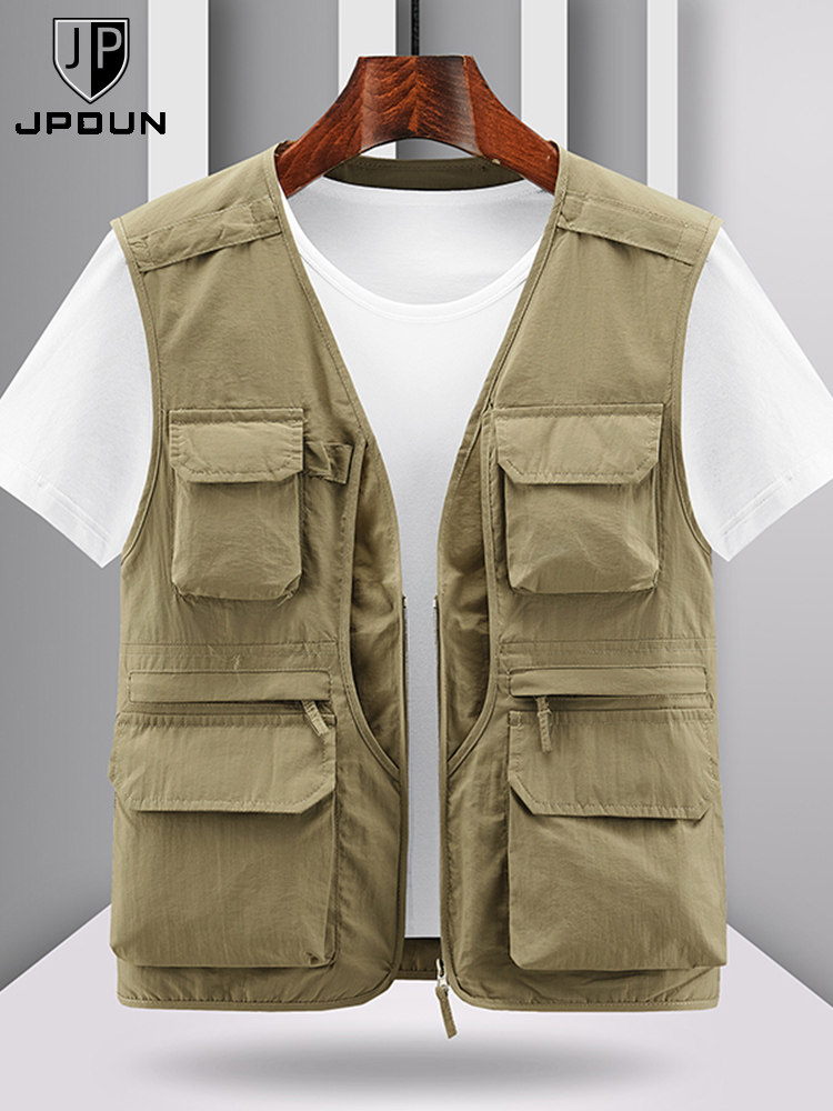 JPDUN MENS AUTUMN THIN VEST MIDDLE-AGED ELDERLY MULTI-POCKET FISHING HORSE CLIP OUTDOOR CASUAL SLEEVELESS VEST