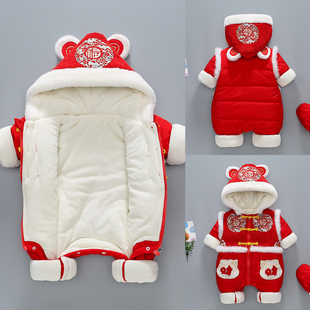 婴儿新年服拜年服喜庆红色冬装加厚连体衣宝宝衣服过年冬福字财运
