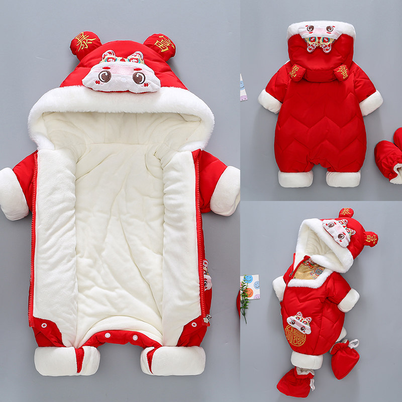拜年婴儿衣服冬季加厚连体衣过年喜庆红色男女宝宝冬装棉服新年福