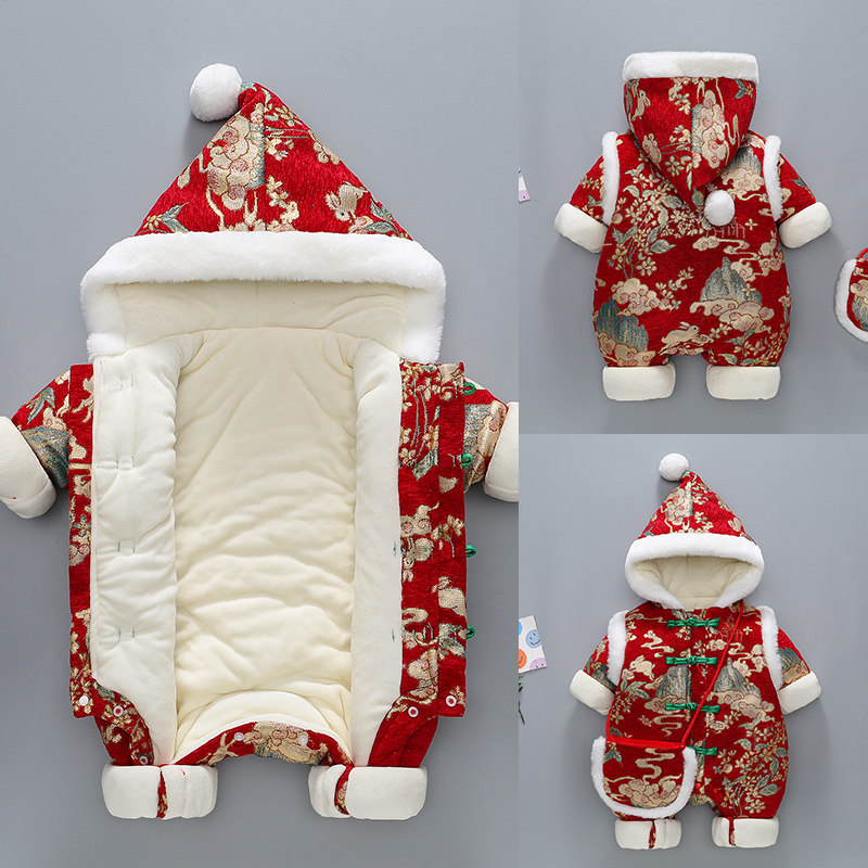 拜年婴儿冬季加厚连体衣过年衣服红色宝宝新生儿冬装棉服新年富贵