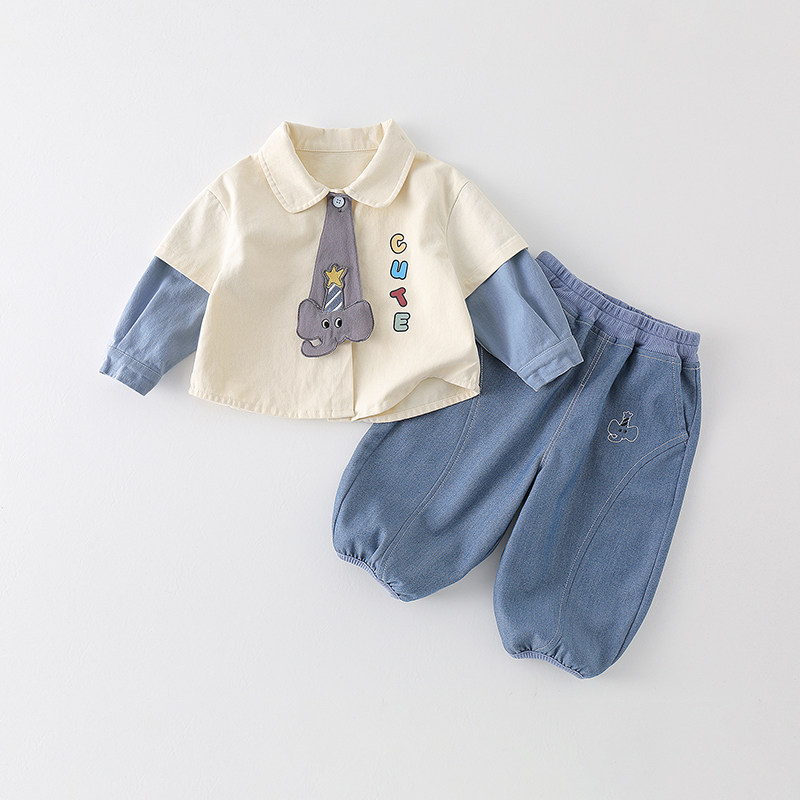 婴儿时尚套装婴幼儿春秋衣服分体早秋小象秋季衬衫裤子宝宝纯棉秋
