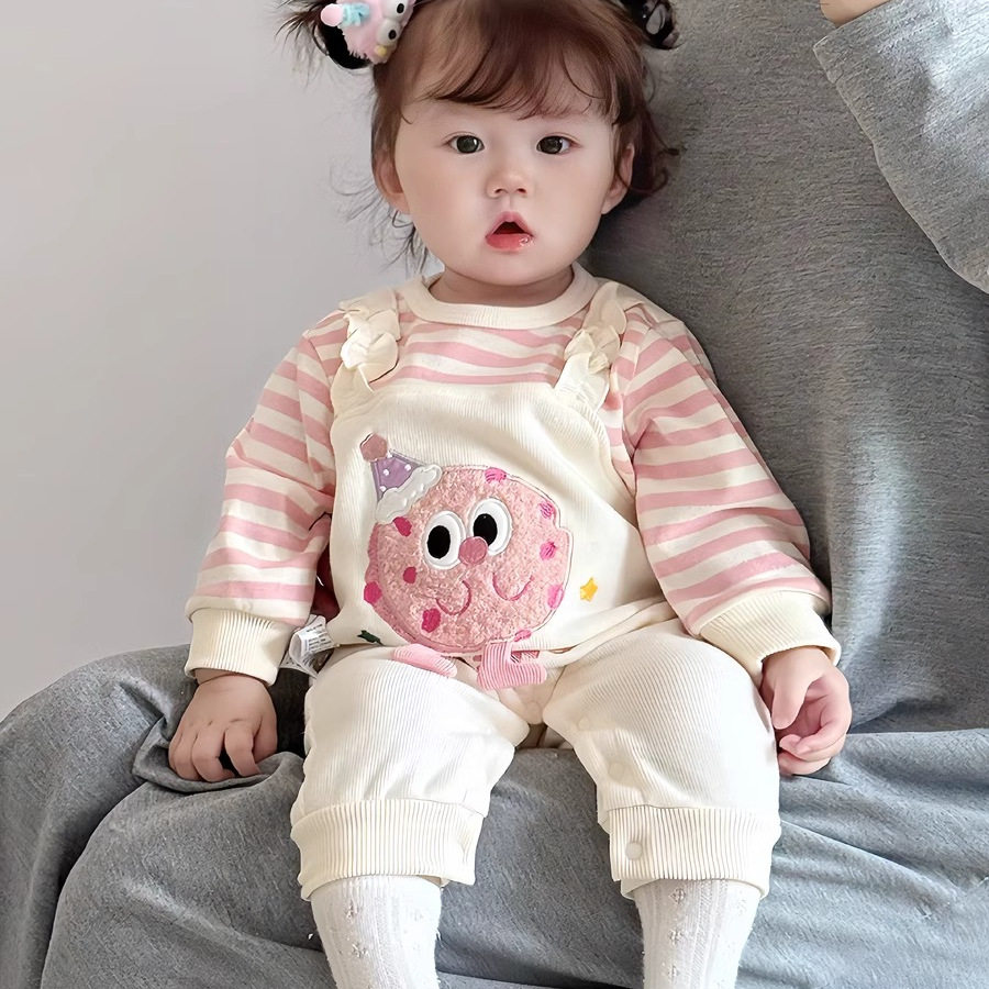 婴儿衣服春秋连体衣女宝宝超萌卡通条纹假两件长袖哈衣爬服外出服