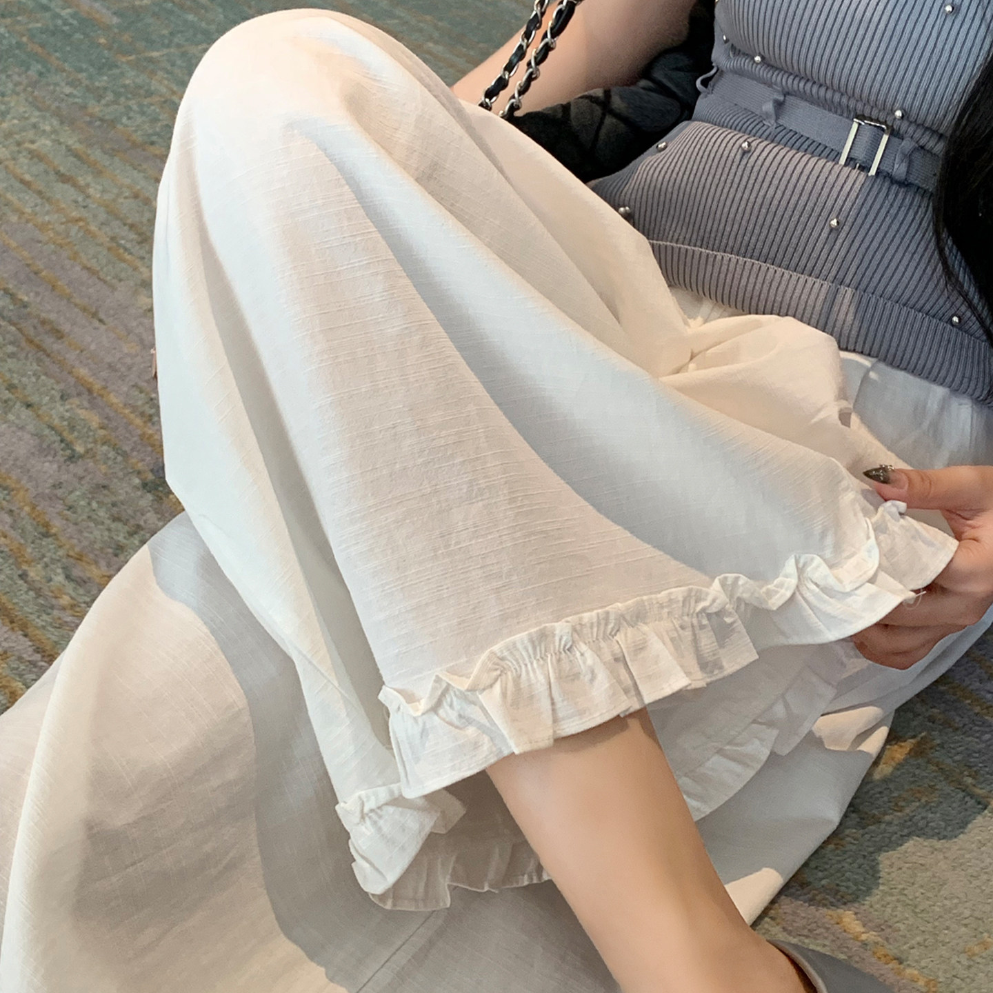 藏青色休闲裤女2026新款夏季薄款九分阔腿裤宽松木耳边冰丝凉凉裤