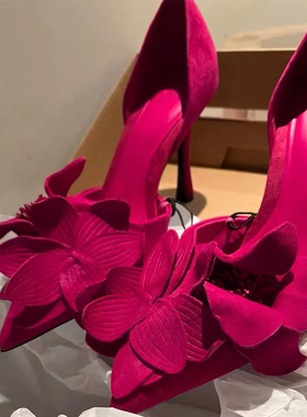 性感百搭法式细跟尖头单鞋女2025年春季新款玫红色花朵装饰高跟鞋