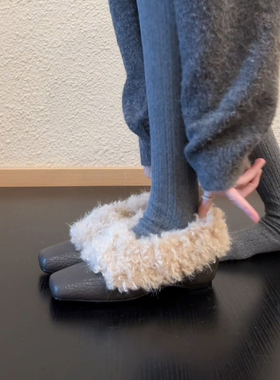 方头粗跟毛毛鞋女2025冬季新款荔枝纹玛丽珍鞋单鞋加绒保暖小皮鞋