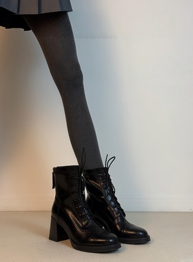 小个子英伦风粗跟厚底马丁靴女2025秋冬圆头高跟瘦瘦靴系带短靴子