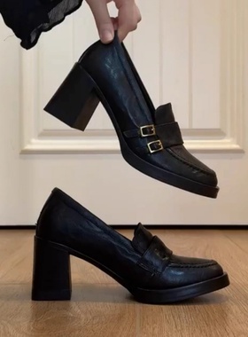 复古方头粗跟增高乐福鞋女2025年秋冬新款英伦风小个子通勤小皮鞋