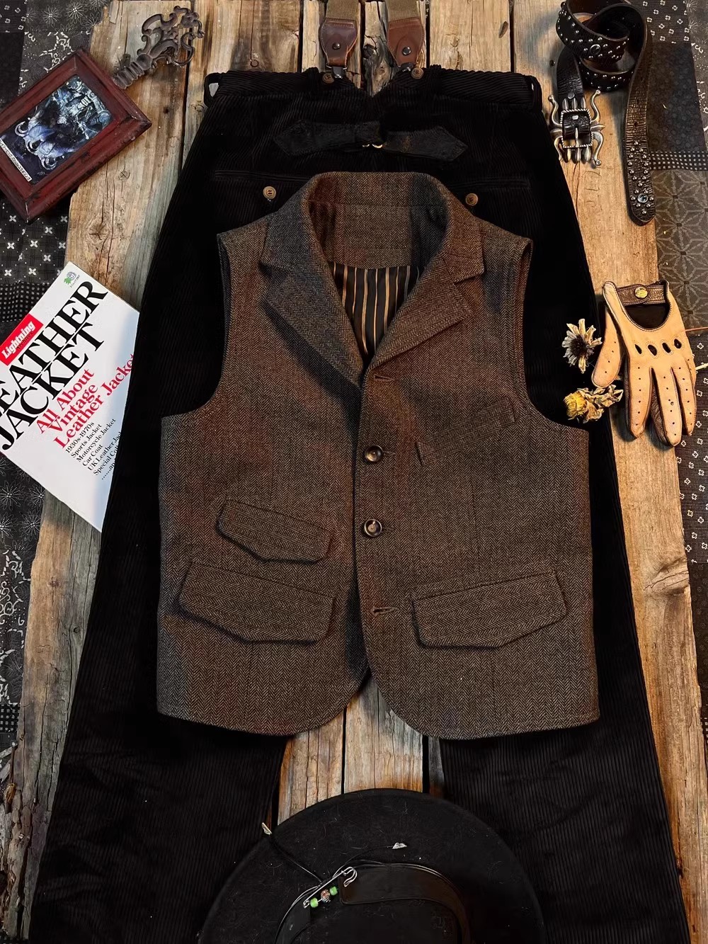 英伦复古潮流羊毛人字纹马甲意式绅装风经典修身男士粗花毛呢马夹