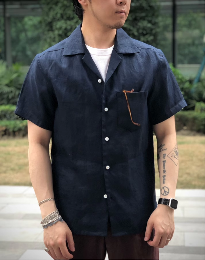 夏季亚麻男士短袖宽松古巴领复古绅士百搭透气休闲亚麻衬衫纯色潮