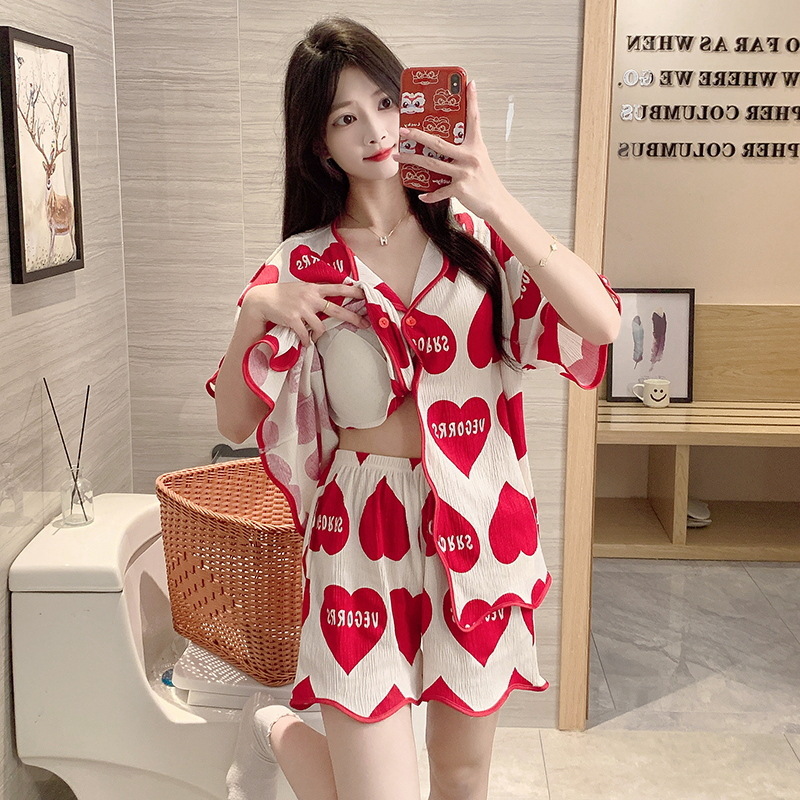 自带胸垫一体睡衣女夏季2025新款开衫短袖短裤卡通薄款家居服套装