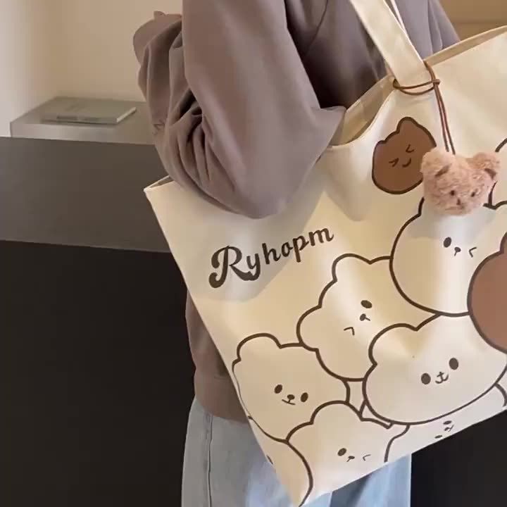 帆布包带拉链拉链吊兜通勤日系卡通单肩包大容量学生布袋托特百搭