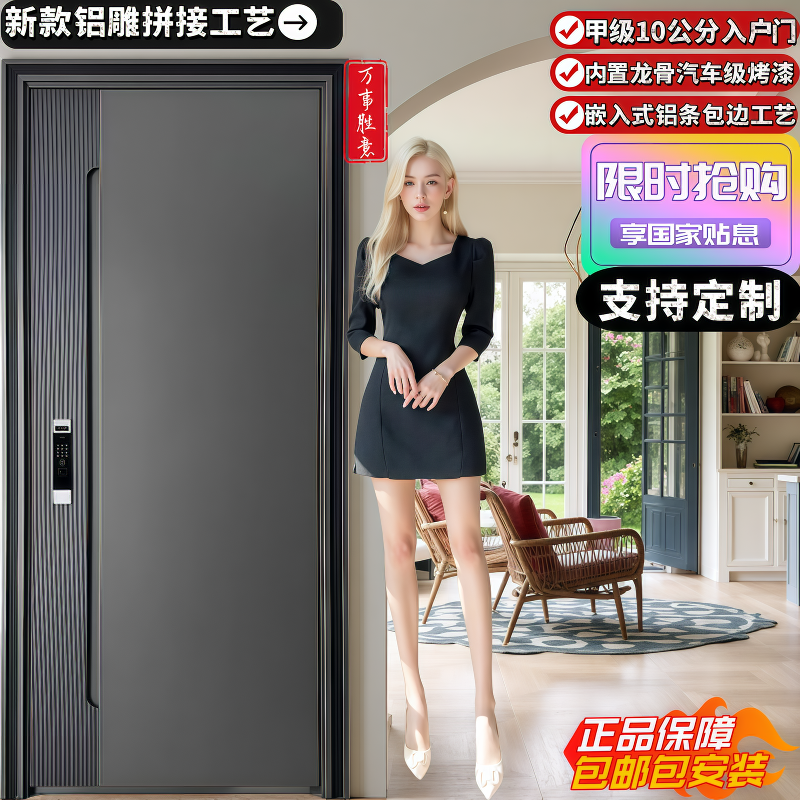 甲级防盗门家用进户门子母门极简带智能锁安全门铝拼自建房入户门