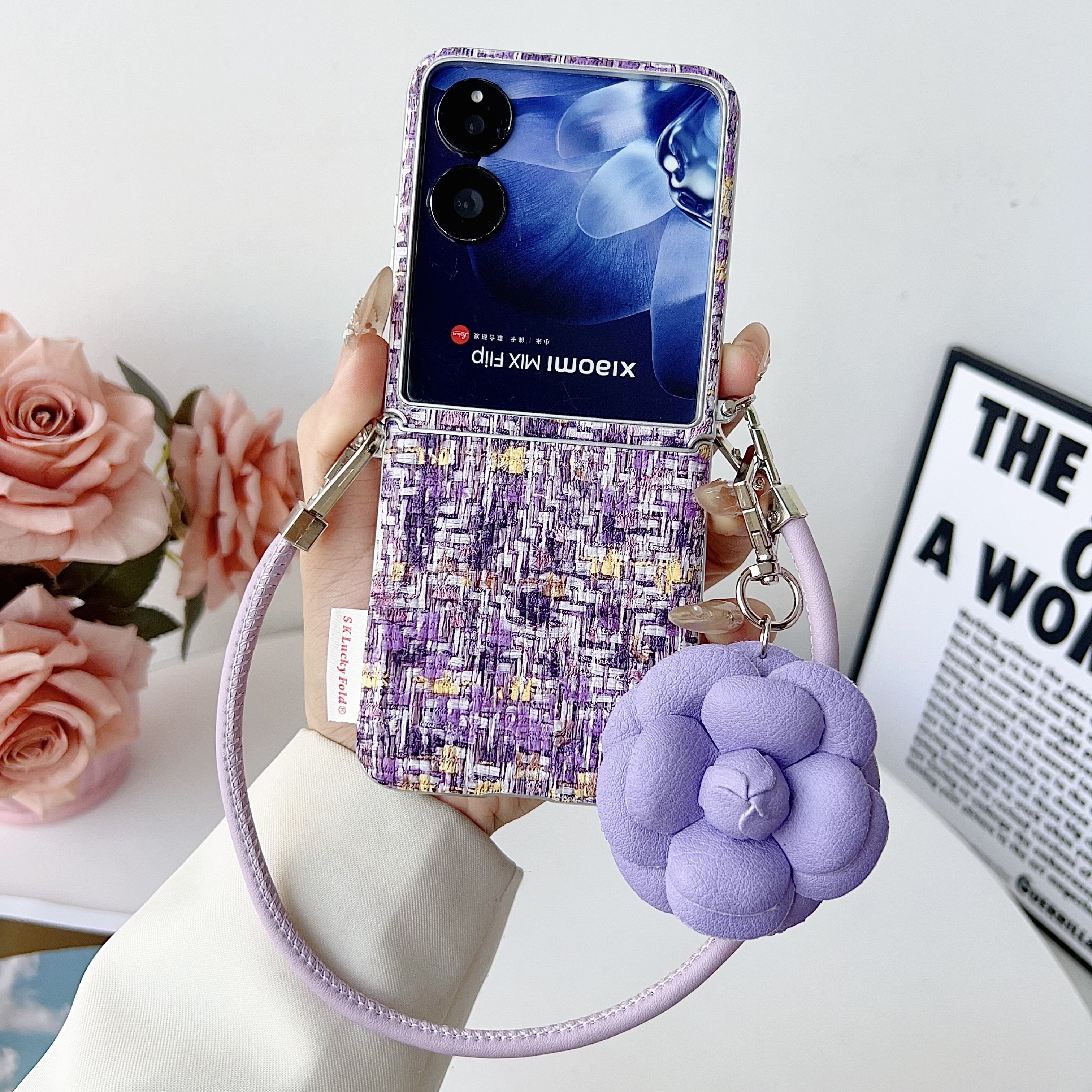 适用小米mixflip2手机壳新款折叠屏小香风编织纹玫瑰花手提斜挎mixflip全包防摔小米mixflip保护套女时尚奢华
