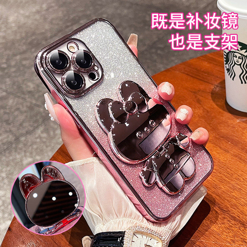 适用补妆镜子兔子支架苹果14promax手机壳iPhone13pro透明电镀硬壳12promax女款14PRO折叠旋转13Pro闪粉卡通