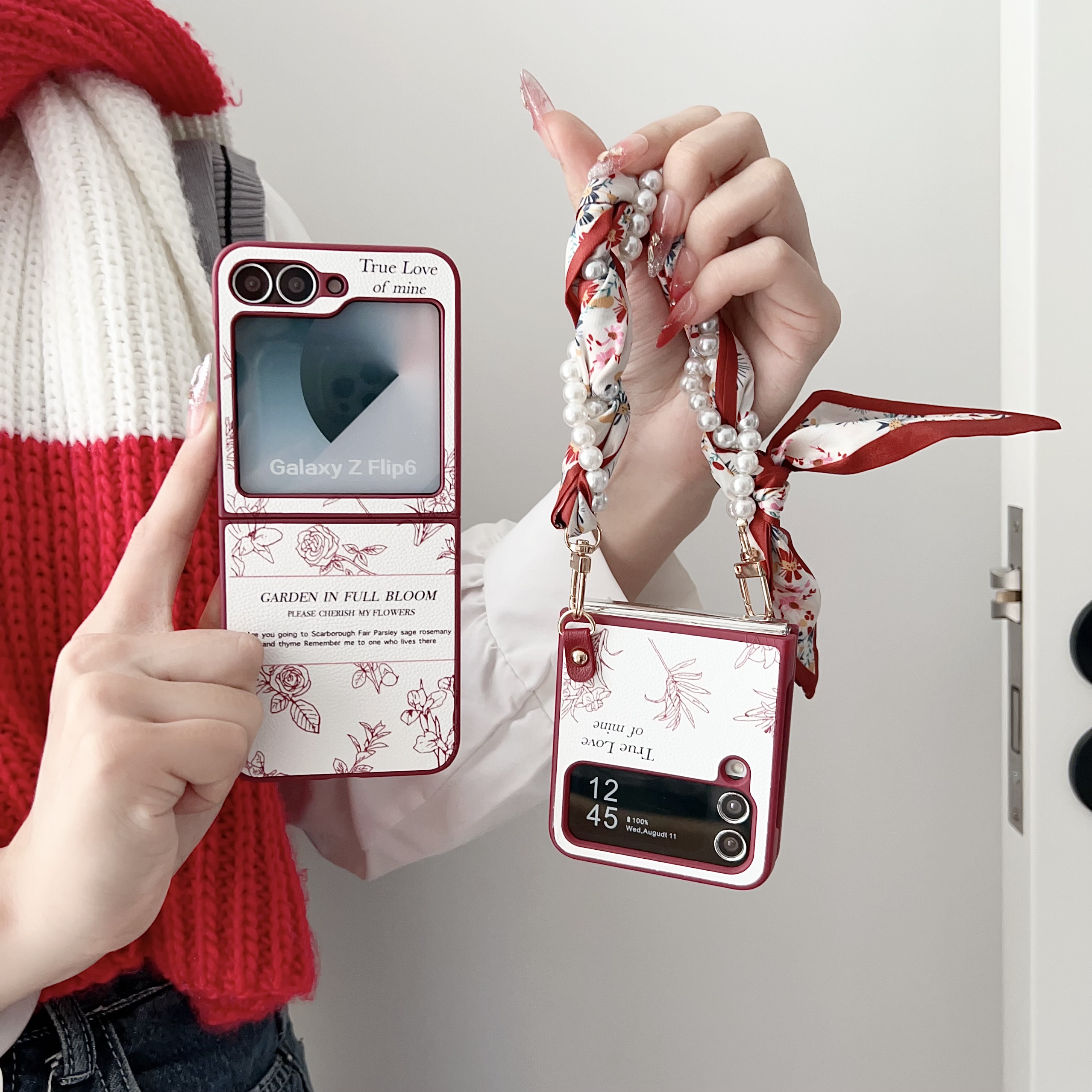 适用素描花朵皮纹手提链三星zflip6手机壳新款zflip5全包折叠屏zflip4秋冬网红GalaxyW24Flip韩国翻盖保护套