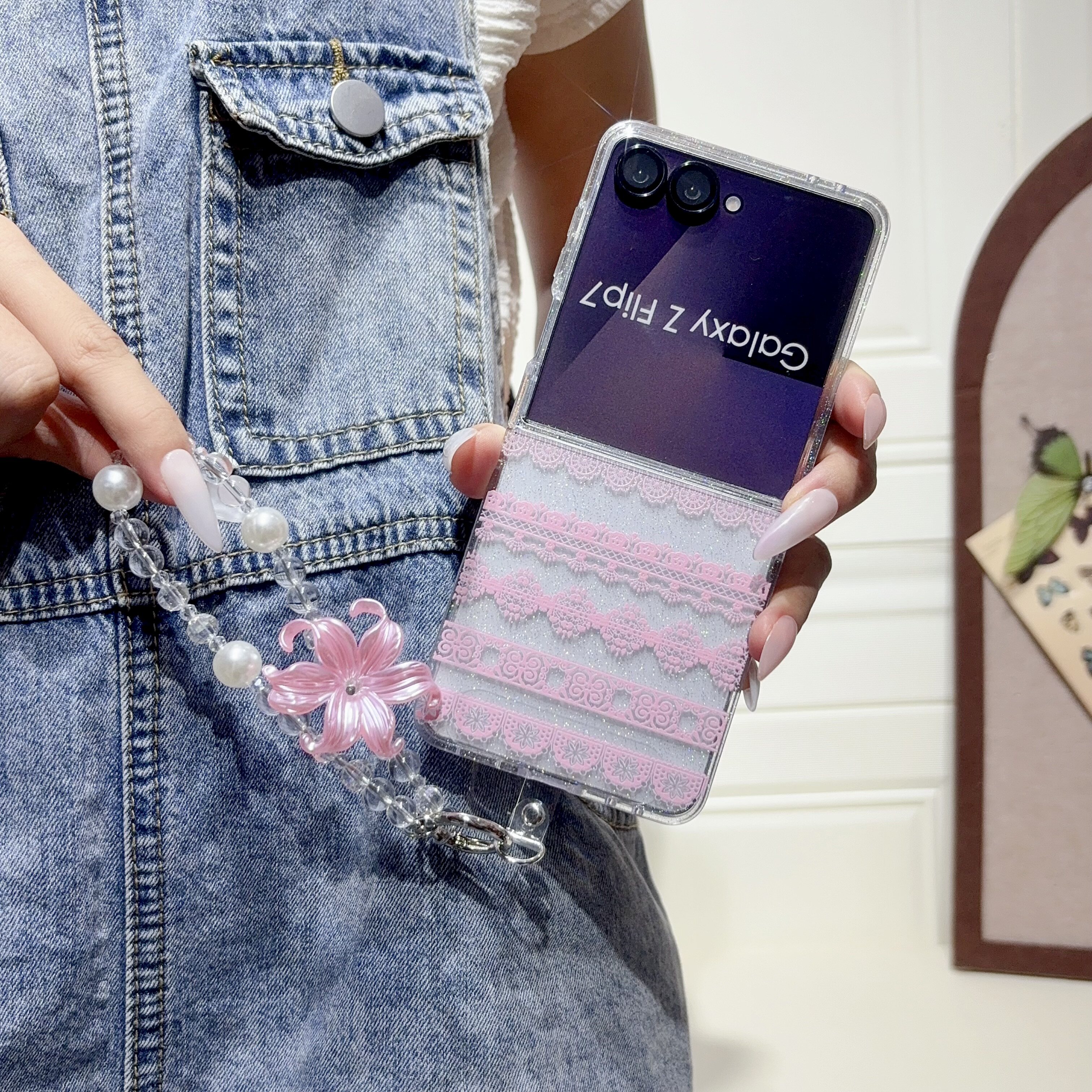 彩绘闪粉高级感适用三星zflip7手机壳z flip7FE小折叠屏保护套zflip6高档时尚zflip5个性透明同款手链防摔硬8