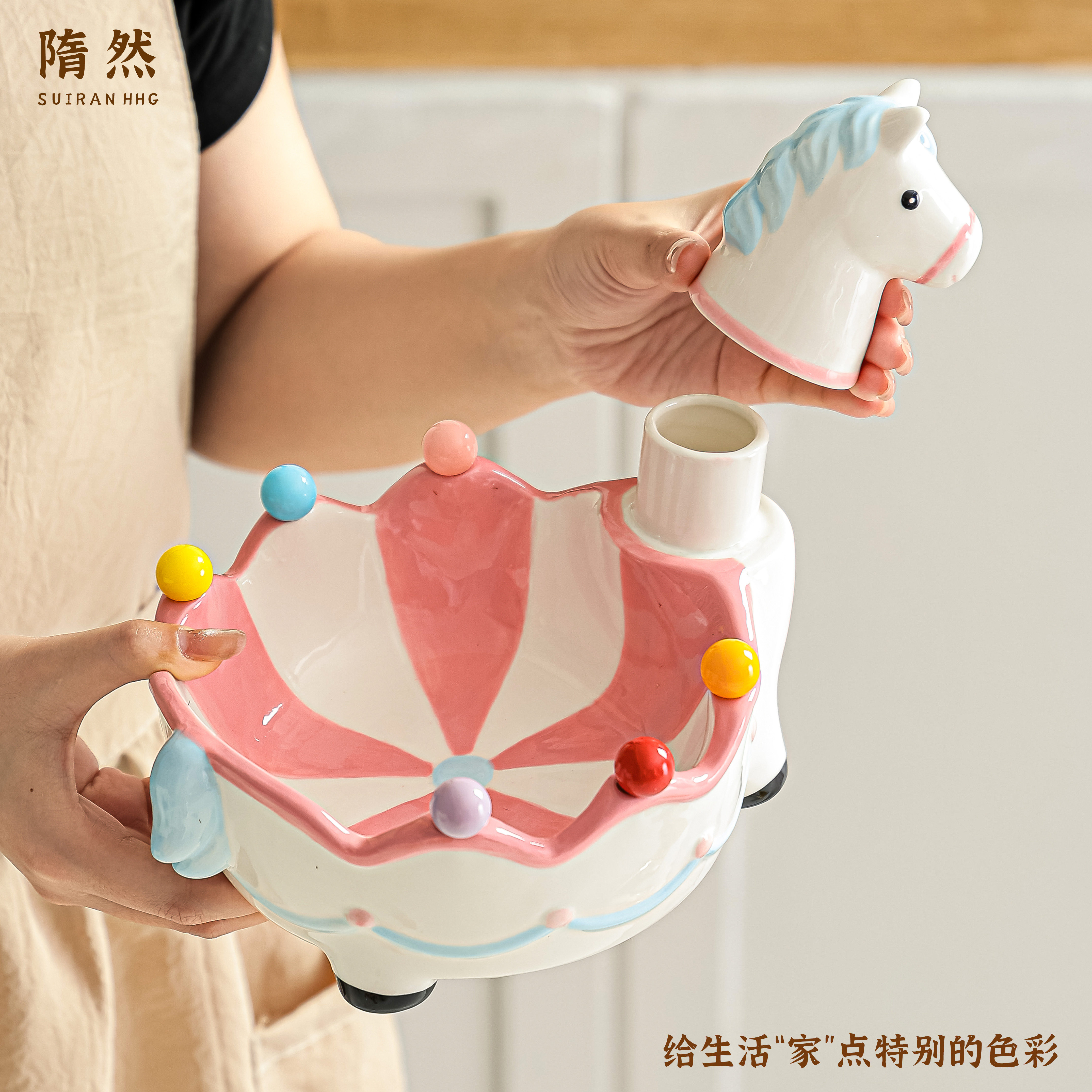 高颜值陶瓷水果盘带小叉子家用创意不锈钢水果叉牙签罐牙签筒套装